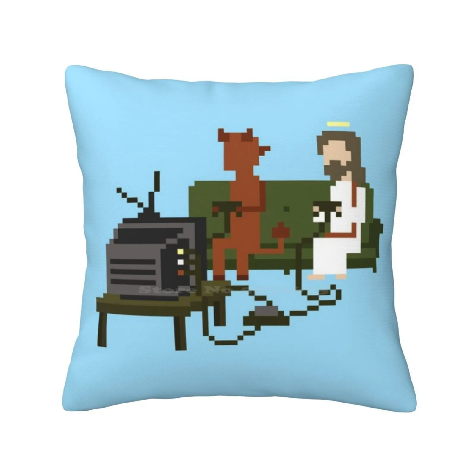 Jesus And Devil Playing Video Games Pixel Art Throw Cushion Pillow Cover Jesus Devil Satan God Bible Holy Gaming Gamer Video