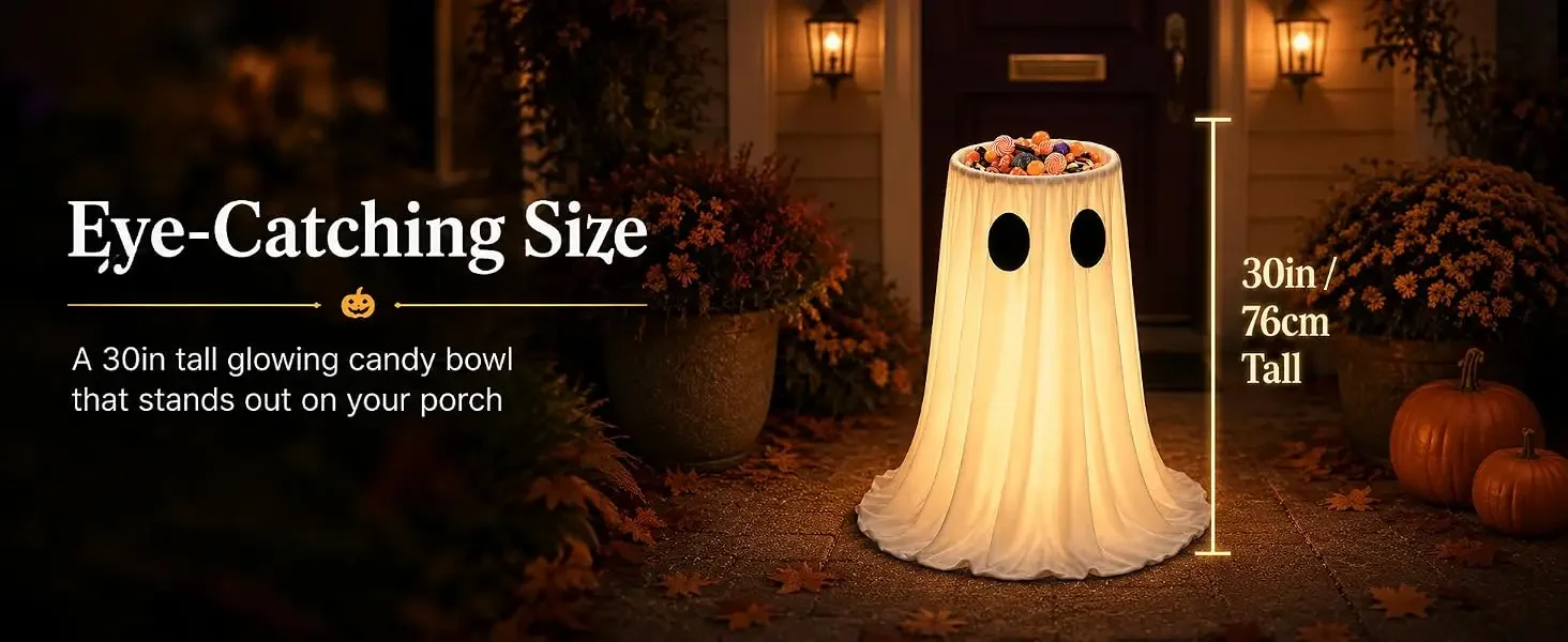 30in eye-catching ghost candy bowl adds glowing Halloween decor to your porch, door, or yard.