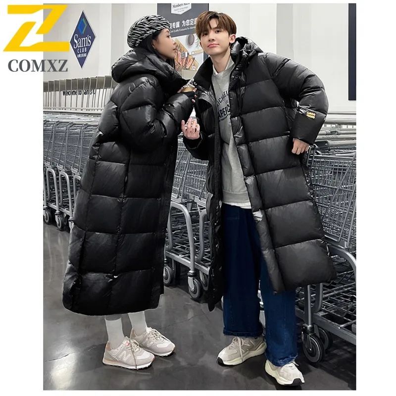 COMXZ Men Long Down Jacket Outdoor Travel Thickened Warm Parka Knee Length Design Cold Resistant Lightweight Winter Coat