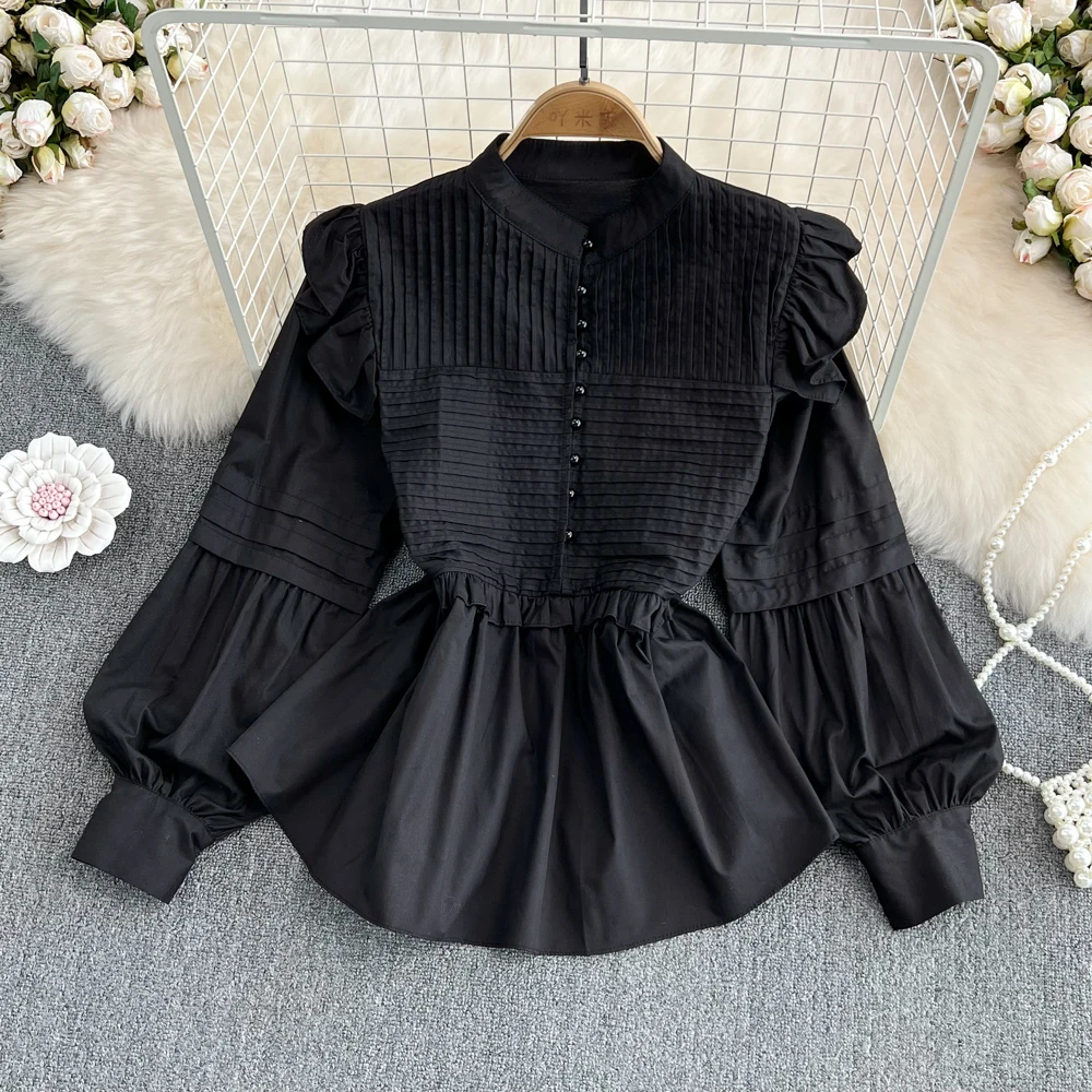 بلوزة Sweet Girl irt النسائية فضفاضة طويلة Sve بيضاء علوية ربيعية Faion كورية Sle مستديرة Ne زر التفاصيل