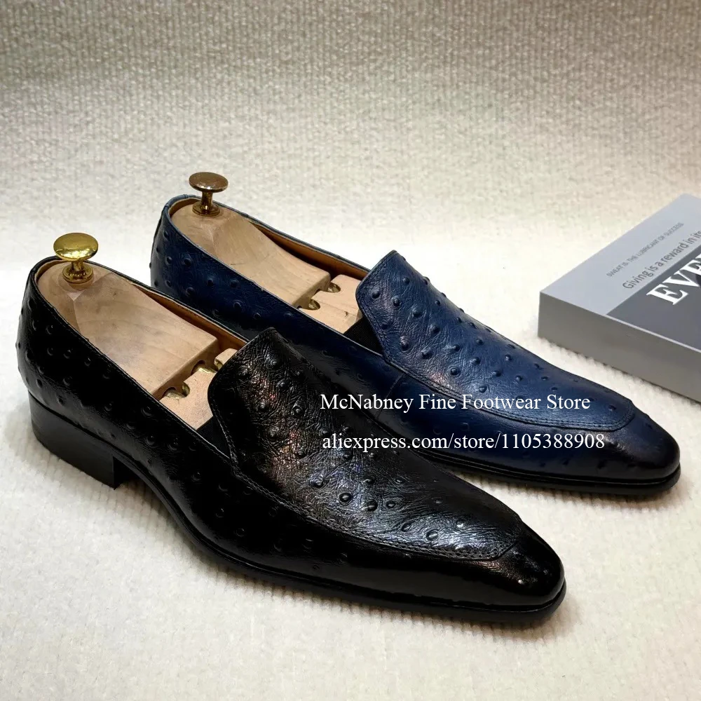 Ostrich Leather Loafers Slip on Pointed Toe Low Heel Handmade Men Dress Shoes for Spring Formal Business Wedding Plus Size
