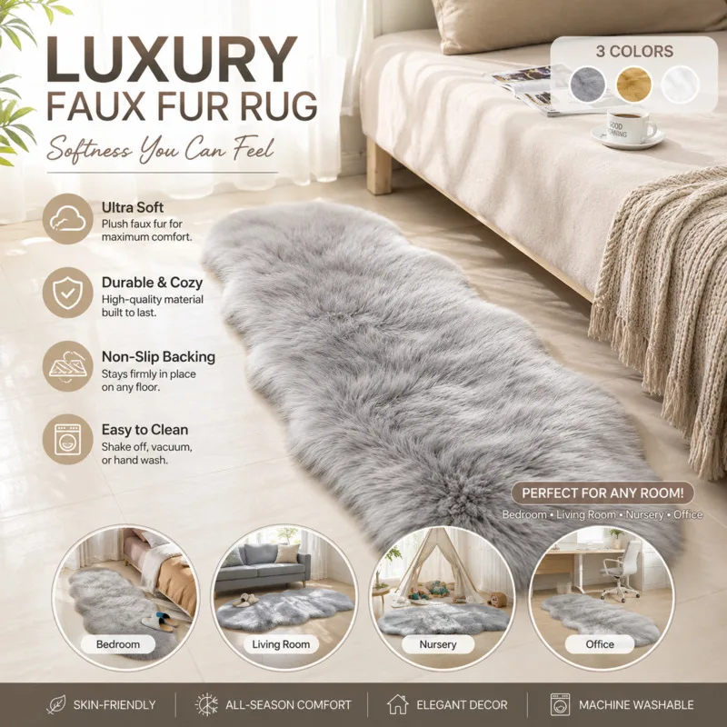 Mat Living Room Sofa Area Faux Sheepskin Rug Fluffy Soft, Furry Carpet Bedroom Bedside Floor, Rugs Home Decor Grey Shaggy New