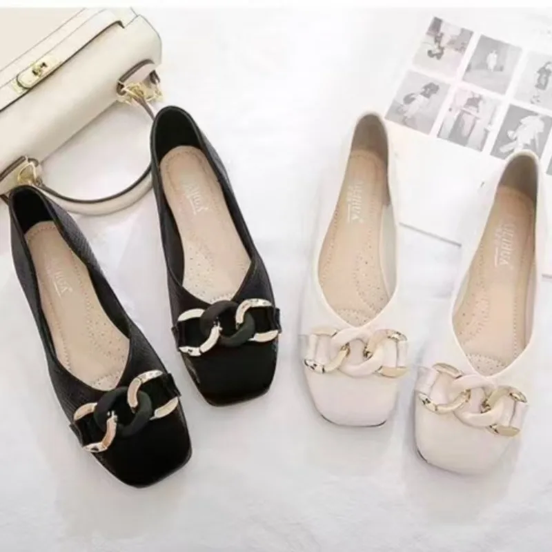 Mocasines negros para primavera y verano, zapatos planos para mujer, zapatos de trabajo de cabeza cuadrada, zapatos cómodos sin cordones de talla grande 41