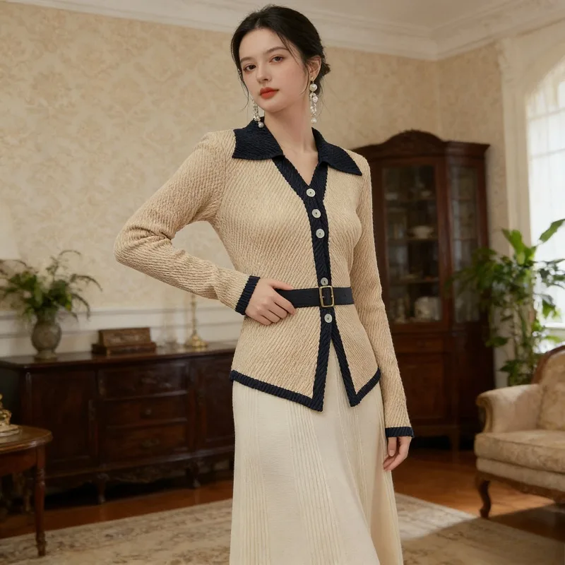 

Miyake Pleated Blouse Plisse Shirt 2026 Spring New Lapel Color Blocking Casual Temperament Versatile Women's Pleats Tops