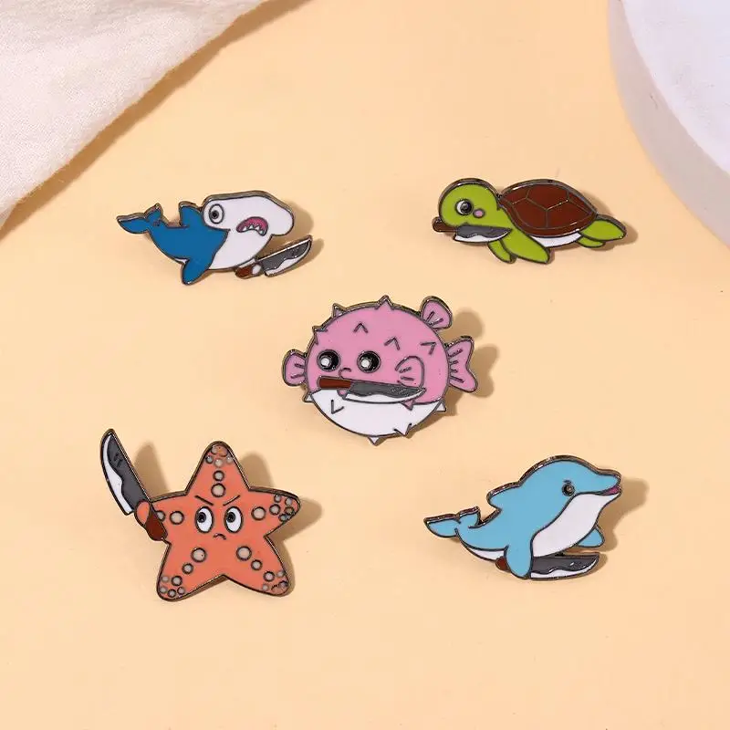 Killer From Ocean Enamel Pins Dolphin Puffer Fish Turtle Shark Starfish Brooch Lapel Badges Animal Jewelry Gift for Kids Friends