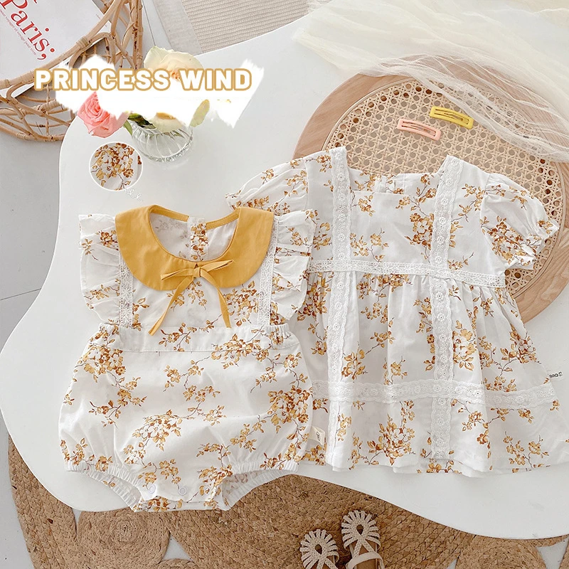 

Fashion Sweet Beauty Baby Flower Clothes 0-2 Years Old Summer Baby Doll Collar Bow Onepiece Newborn Outdoor Clothes Climbing