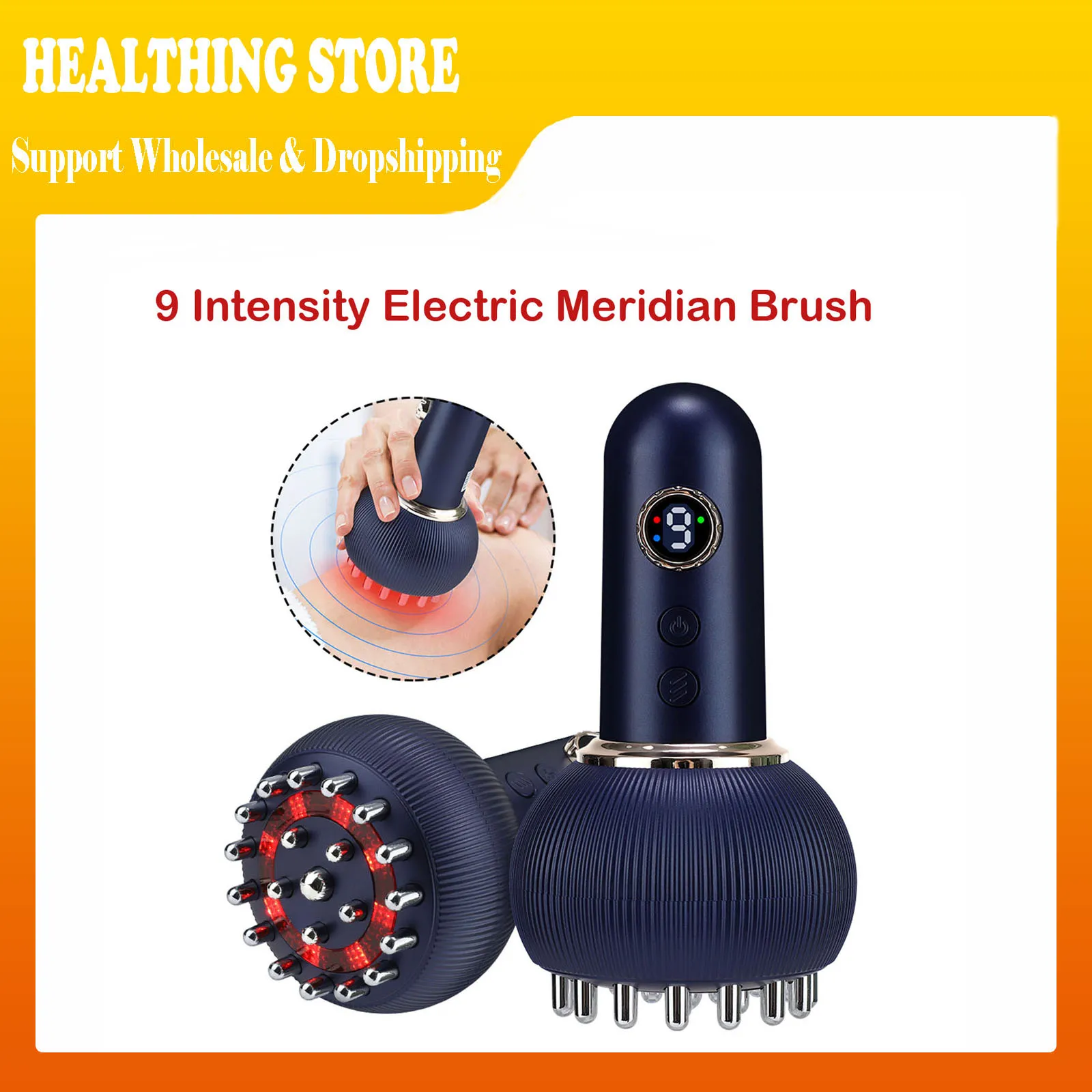 

3-в-1 меридианный массажер-кисть с инфракрасной подсветкой, горячий компресс, 9-уровневая вибрация, 21 стальная головка щетки, таймер для дома, офиса, путешествий