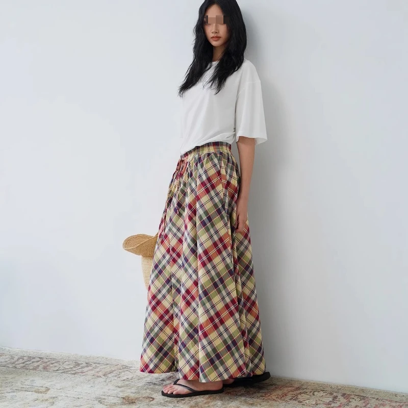 ALIDISC – jupe mi-longue rétro américaine pour femmes, grille en sergé, Silhouette ample, cordon de serrage, sortie décontractée, grande jupe trapèze