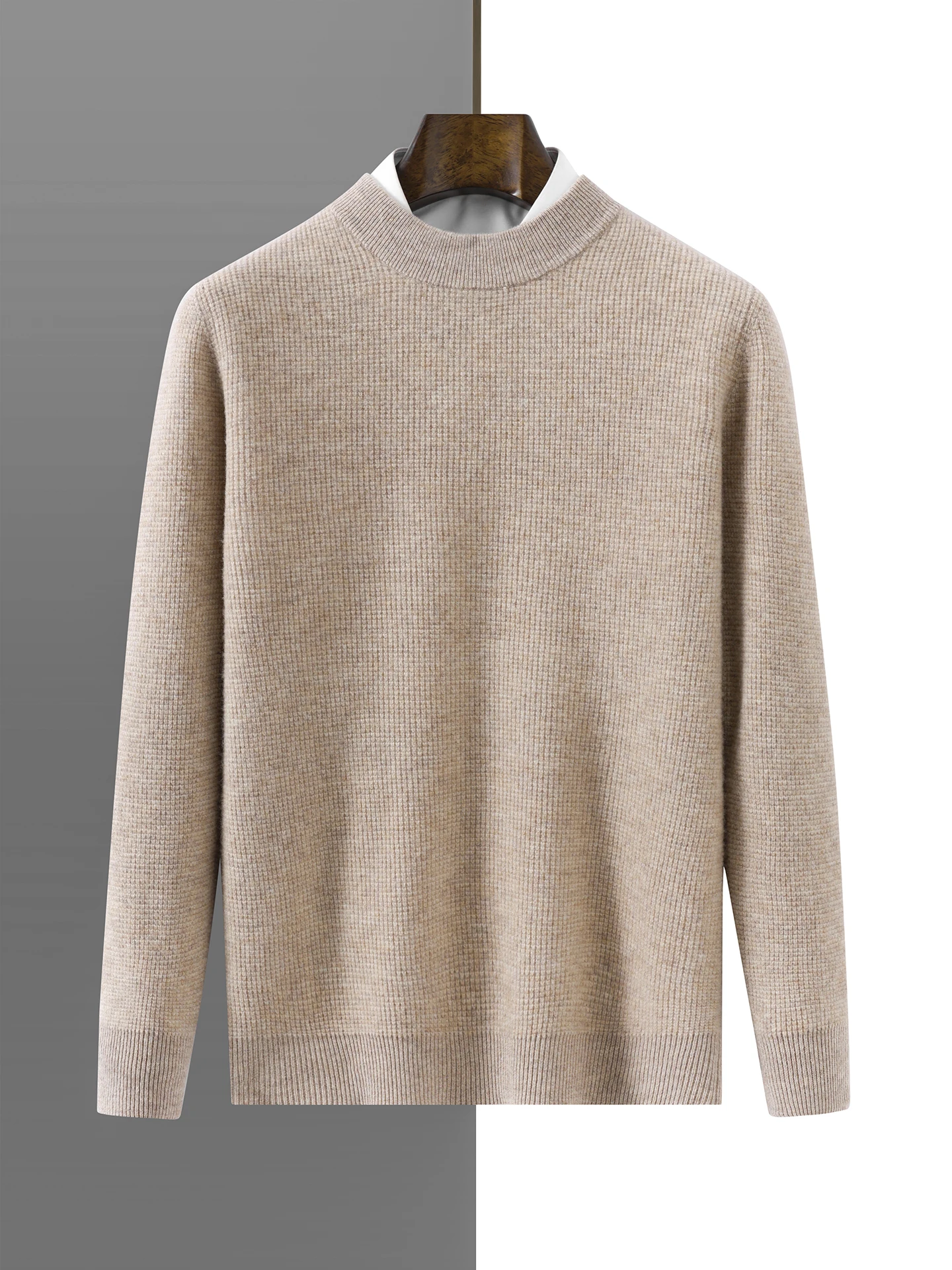 Merino 100% Wool Men's Round Neck Small Square Pattern Autumn Winter Thick Casual Fashion Knitted Cashmere Sweater