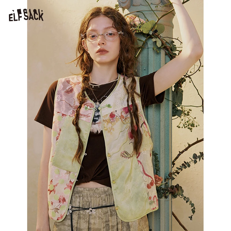 ELFSACK Women's Oriental Asthetics Sleeveless Vest with Patchwork Floral Print, Vintage Gilet for Everyday Cozy Outdoor