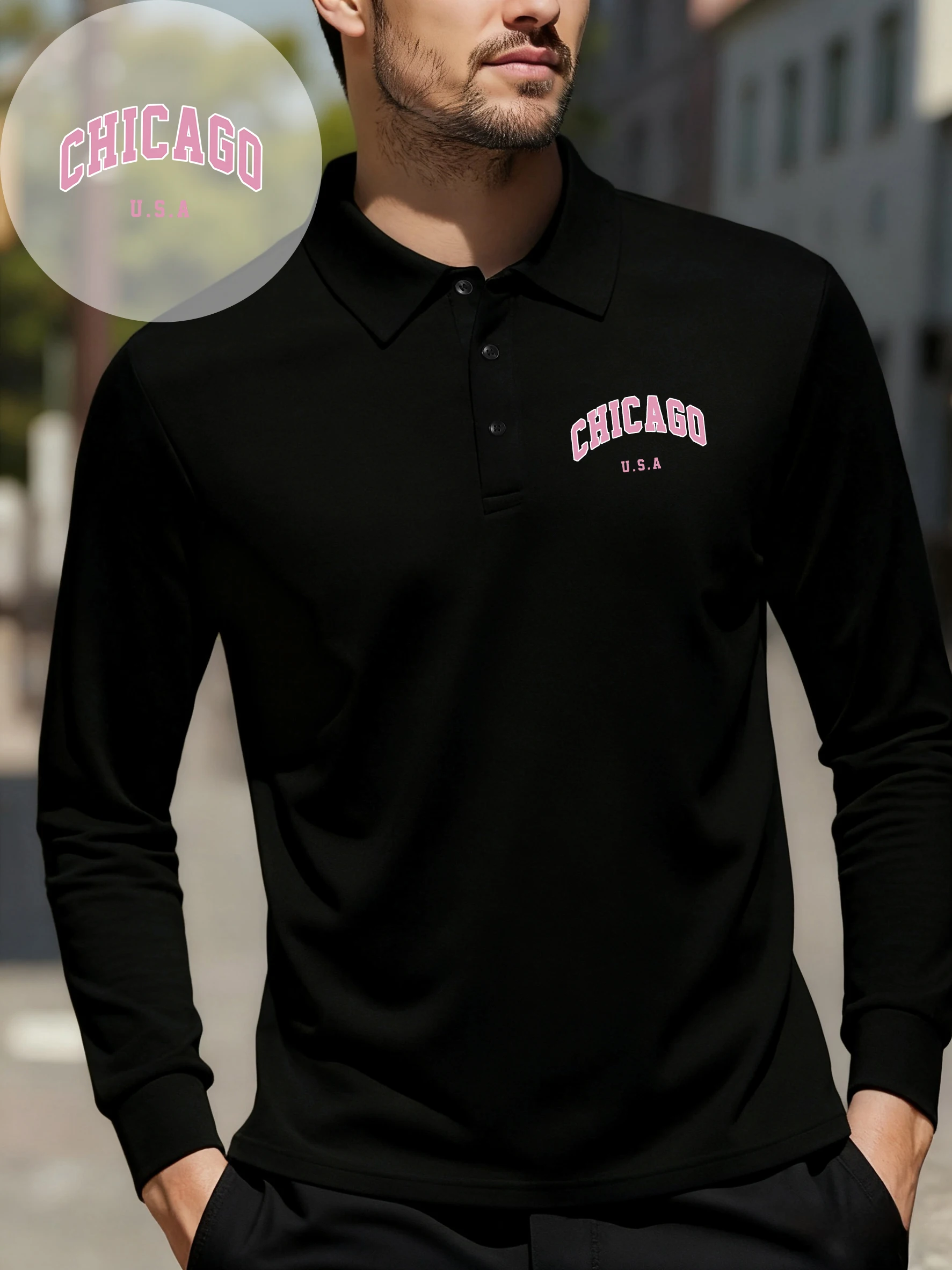 Chicago Usa Letter Print Revers Polo Shirt Men All-Match Shirts Casual Busness Outdoor Tops Fashion Soft Long Sleeve For Man