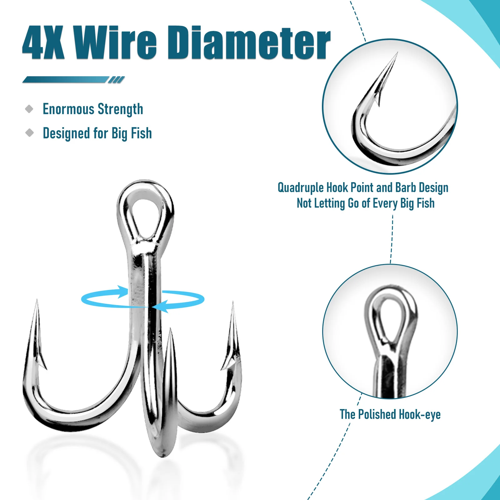 4X Fishing Treble Hooks 10Pcs Strong Round Bend Treble Hooks Crankbaits Spinners Replacement Fishing Hooks Freshwater Fishing