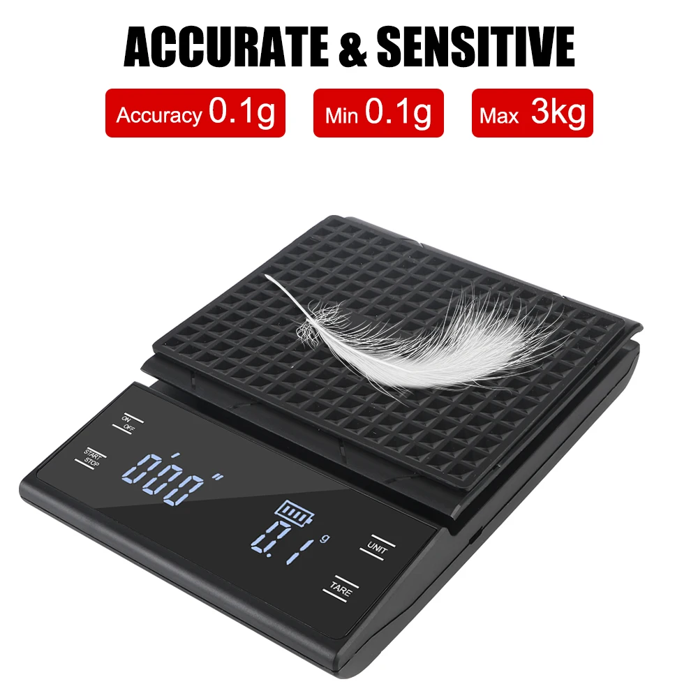 Coffee Kitchen Weight Scale 3KG/0.1g Auto Timer g/oz/ml Rechargeable Type-C High Precision Digital Electronic LED display