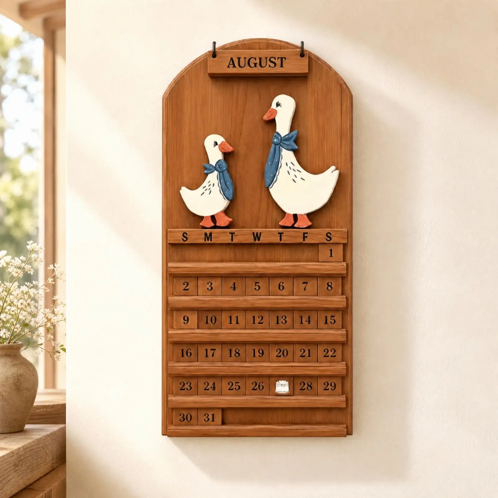 Woodgrain Farmhouse Perpetual Calendar with Hanging Loops and Goose Motif for Tracking Appointments in Kitchen Entryway