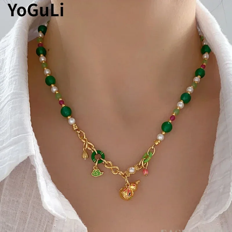 

Fashion Jewelry Retro Temperament Green Bead Gourd Pendant Necklace For Girl Women Gifts Sweet Design Fine Accessories