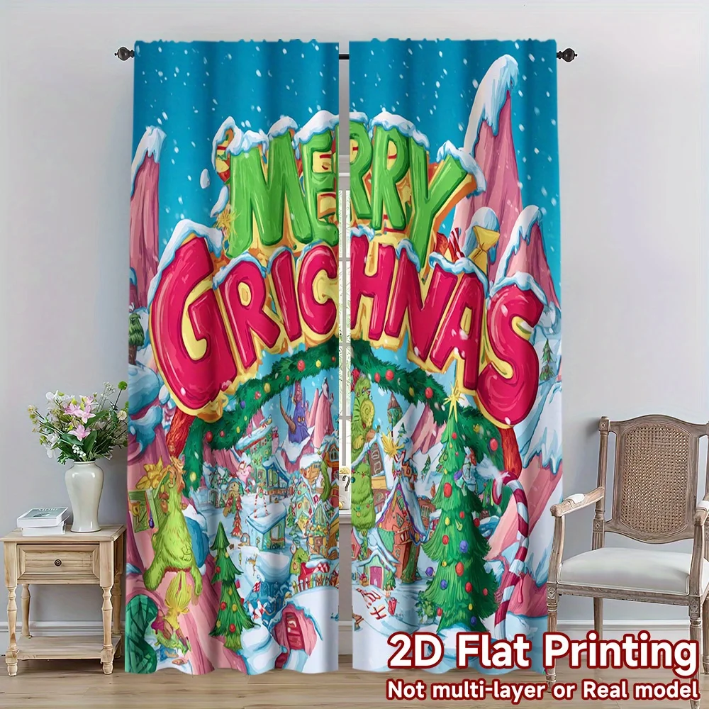 2pcs Christmas Whoville Print Curtains, 2D Flat HD Digital Printing Polyester Fabric for Holiday Party Winter Celebration Decor