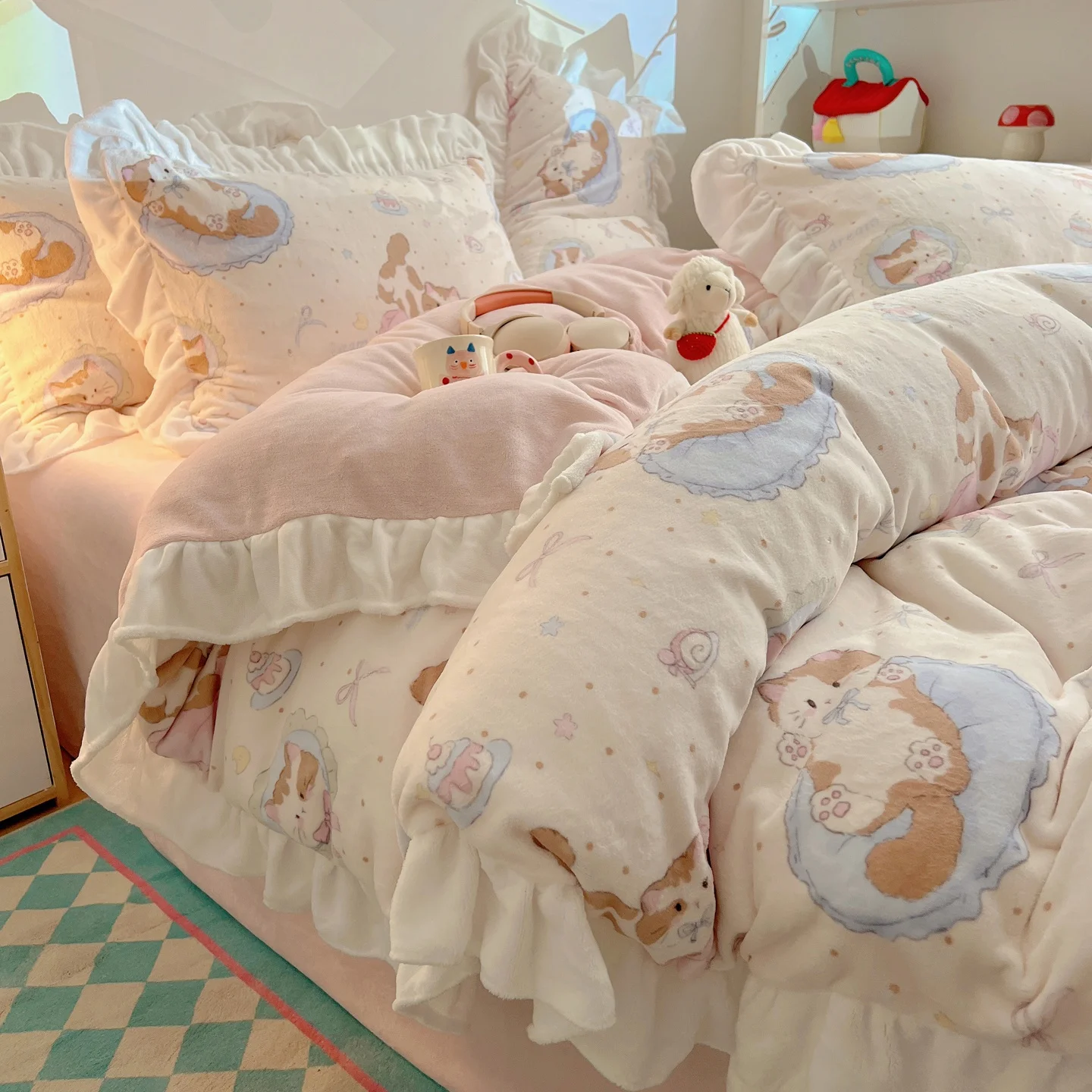 

Warm Thick Baby Milk Velvet Coral Fleece Four Piece Bedding Set Cute Style Duvet Cover Sheet Standard Size for Winter