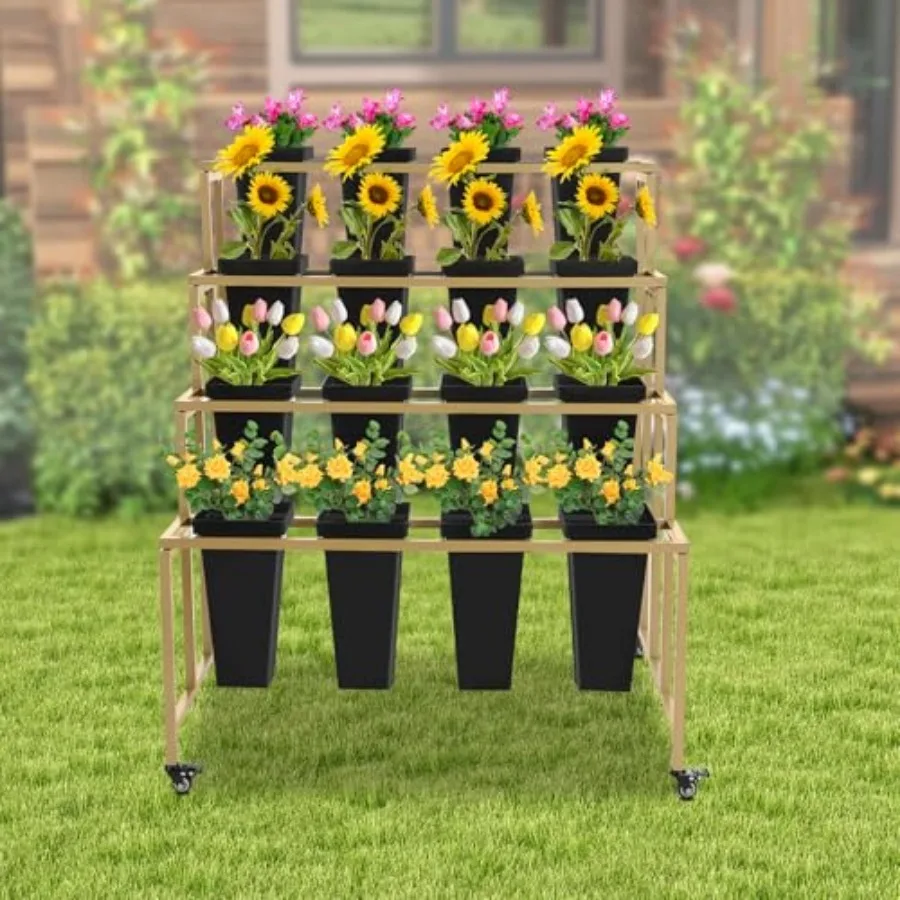 حامل عرض الزهور مع 16 دلوًا و4 طبقات حامل نباتي مع عجلات عالمية ورف باقة زهور متحرك عالي التحمل للمنزل #2