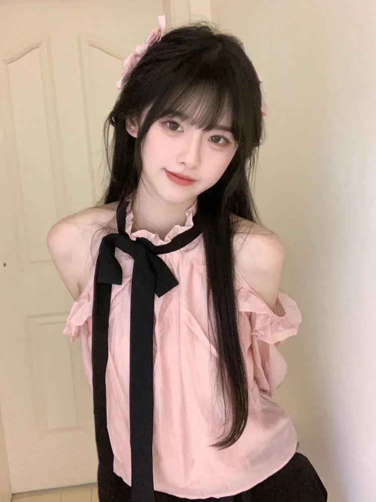 

Розовая рубашка с открытыми плечами Sweet Girl, женский летний нишевый костюм с высокой талией и бантом, юбка с принтом, женская одежда, модная одежда