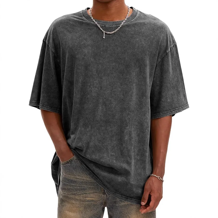 

Street style Brand Mens T shirt Summer Japanese style Retro ins Print Washed and Distressed Short sleeve Loose fit Heavy