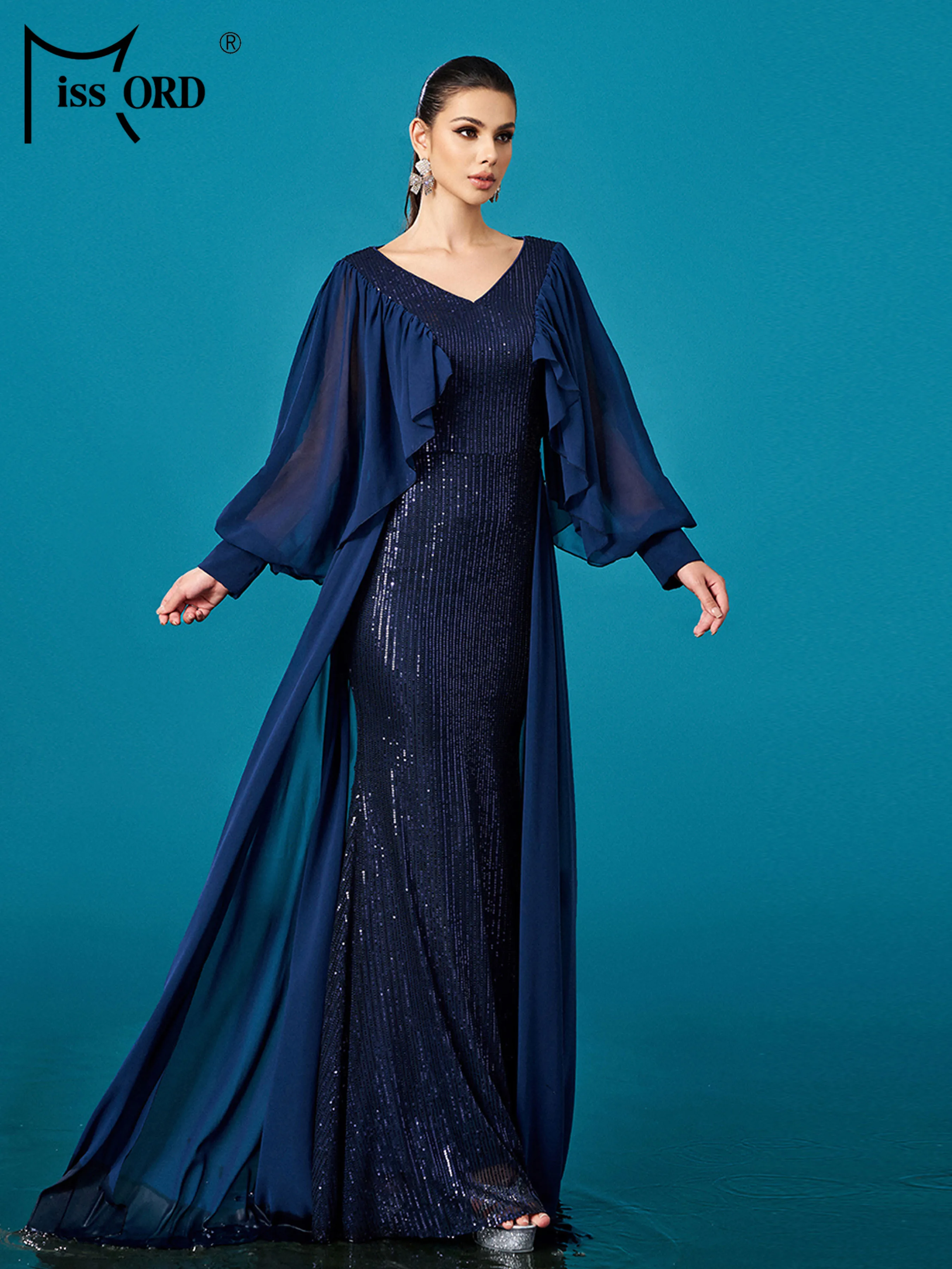 ミスオード 新作 Vネック フレア袖 スパンコール マーメイド イブニングドレス 結婚式 誕生日パーティー 高級 高品質 卒業式 マキシドレス