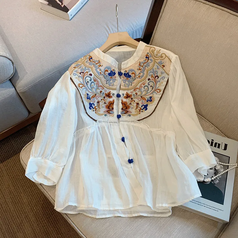 Autumn Women\'s Vacation Casual Vintage Ethnic Style Embroidery Chic Oversized Blouse Top White Long Sleeve Loose Shirt Cardigan