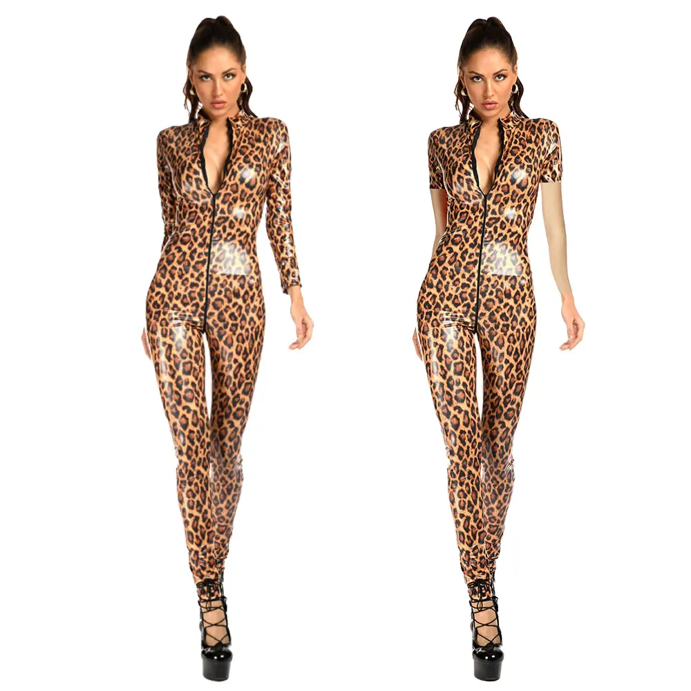 

Womens Fashion Leopard Print Bodysuit Patent Leather Rave Bar Catsuit Clubwear Long Sleeve Zipper Leotards Slim Fit Jumpsuit