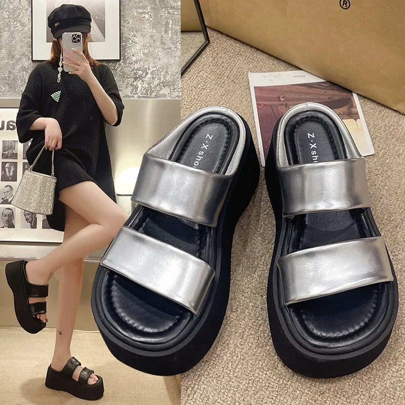 Women's Beach Shoes Toe Puffing Cake Bottom Wears Slippers T-shaped Style 2024 Summer Versatile Leisure Comfortable Womens Shoes