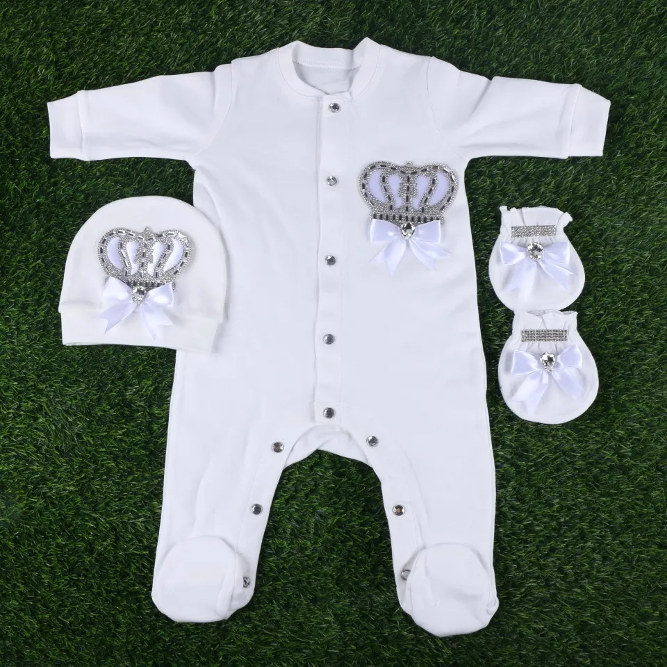 

Baby girl boy clothes 1 sets 3pcs include romper hat glove crown crystal design