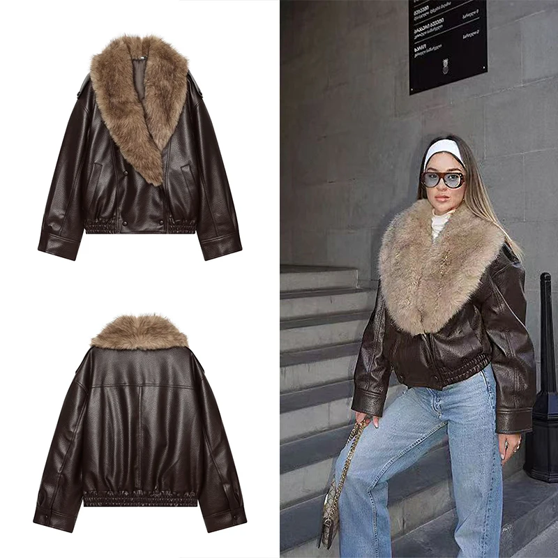 Guobioziy2026 Women's Autumn and Winter Oversized Plush Coat with Faux Leather Lapel  Loose Fit Suitable for Evening Gatherings