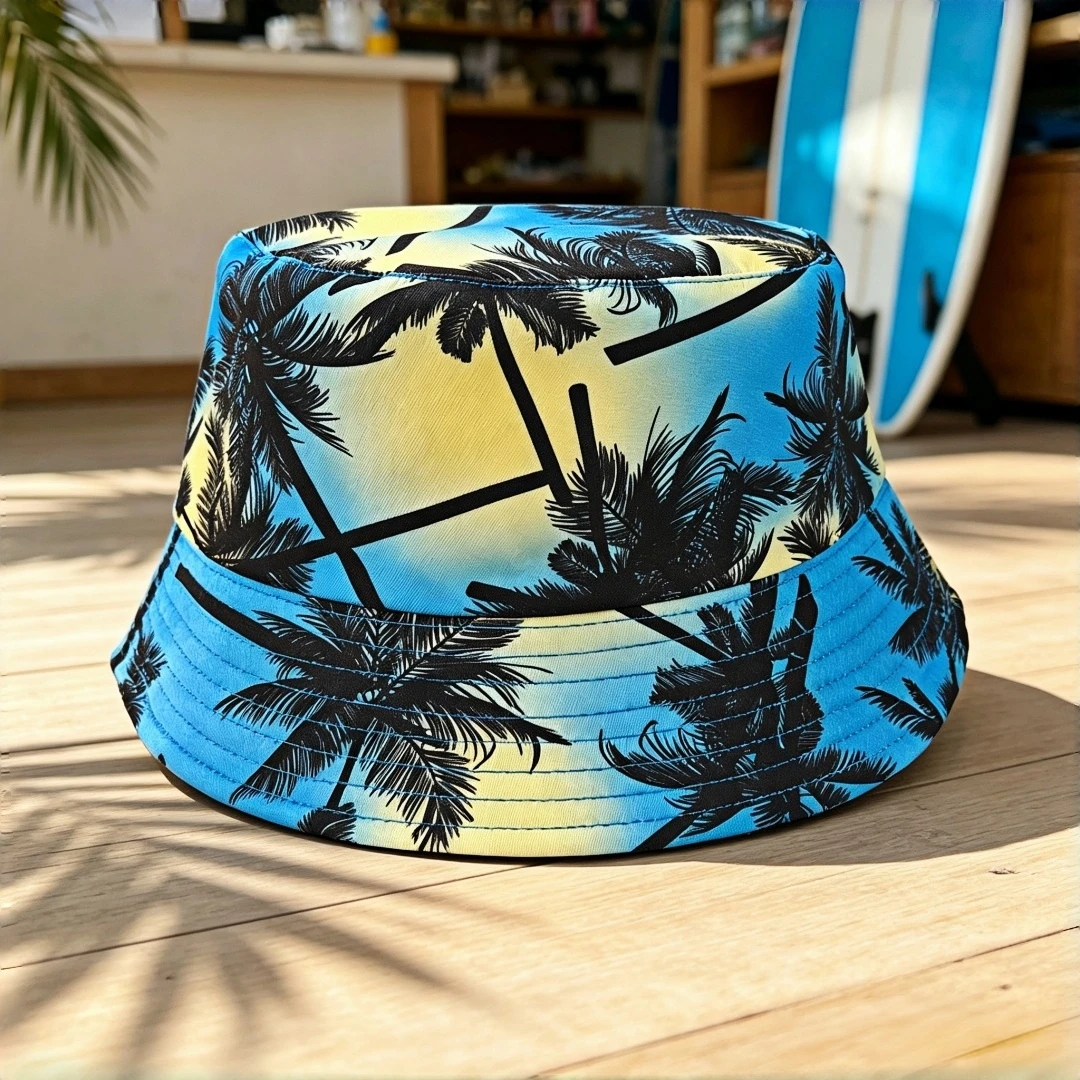 Blue Yellow Gradient Tropical Palm Tree Bucket Hat Coconut Print Fisherman Hat Lightweight Portable Sun Cap For Beach Vacation T