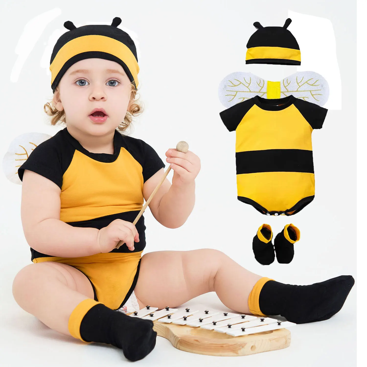 Umorden Honeybee Bee Costume for Baby Boys Girls 3-6M 6-9M 9-12M Bodysuit Hat Wings Socks Set Birthday Photography Fancy Dress