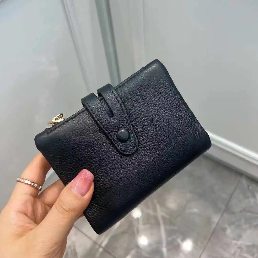 Cartera corta de cuero de vaca genuino para mujer, monedero informal suave con botón a presión, bolsillo con doble cremallera, tarjetero