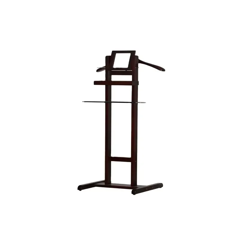 Mahogany Executive Valet Rack for Hardwood Floor with Trouser Rod and Shoe Shelf Upright Hotel Coat Hanger Stand for Men Suit