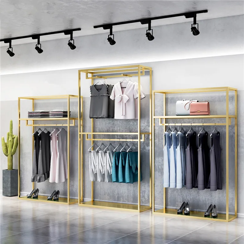 Imagem -05 - Comercial Luxo Display Garment Rack Prateleira de Roupas Personalizadas Metal Brilhante Boutique Vestuário Rack para Lojas