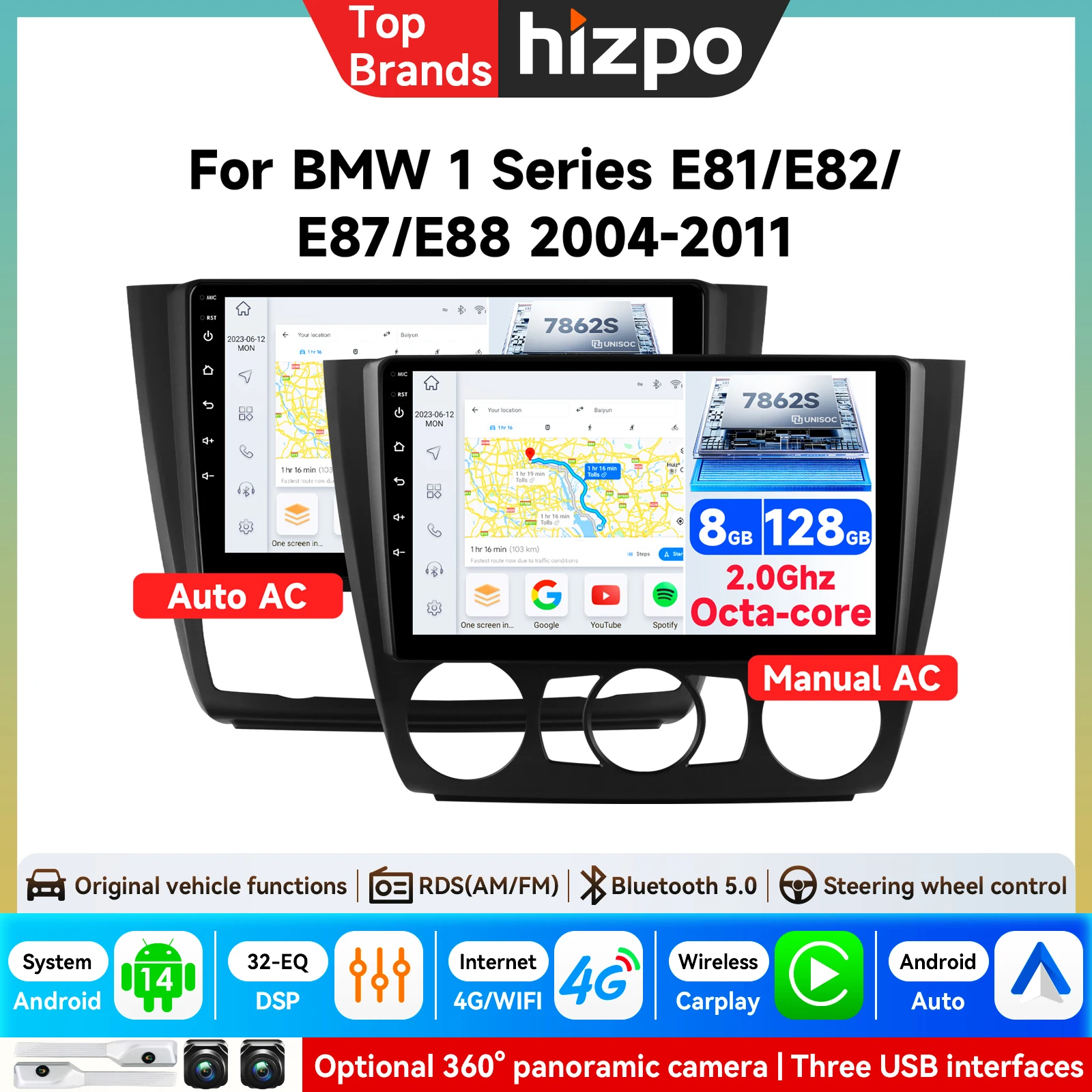 Android 15 für BMW 1er-Serie E88 E82 E81 E87 2004 - 2011 RDS QLED Android Autoradio Multimedia-Videoplayer GPS-Stereoanlage CarPlay 4G