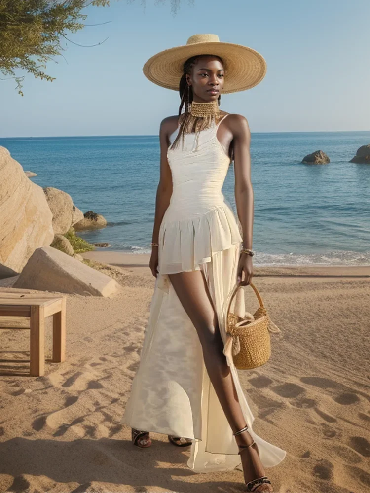 Vestido dobrável feminino malha em camadas bainha irregular sem costas sem mangas zip verão tendência férias festa doce mini bodycon