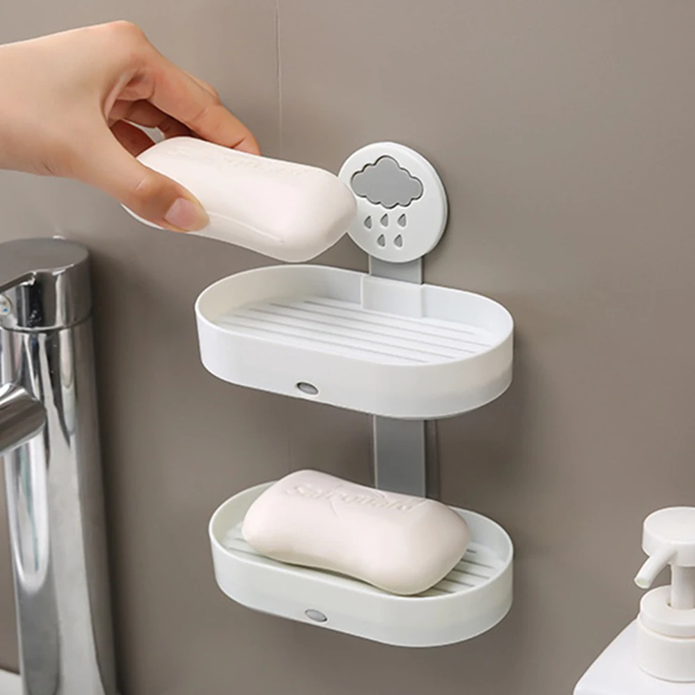 Double Layer Soap Box Double Drain Soap Rack Bathroom Soap Suction Cup Punch-Free Soap Rack Wall Hanging Rack Bathroom Accessor