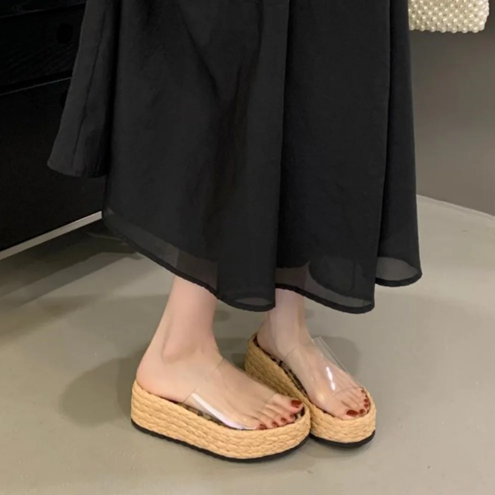 Korean Style Thick Heel Platform Sandals Women's Summer 2026 New Outdoor Wear Heightening Transparent Strap Versatile Slippers