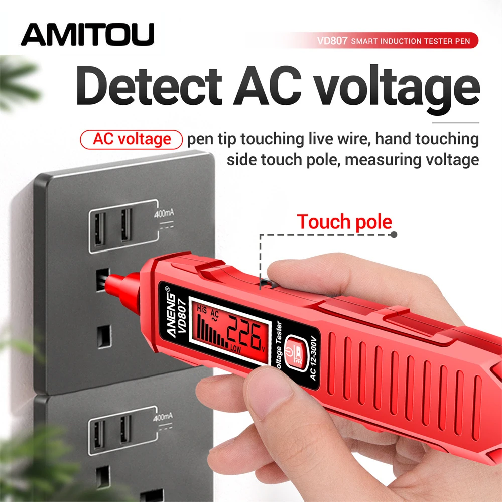AMITOU VD807 кабельный тестер, одно слово, индукционный портативный 50/60 Гц, умный электрический тестер-ручка, датчик NCV, инструмент для обнаружения проводов переменного тока 12-300 В