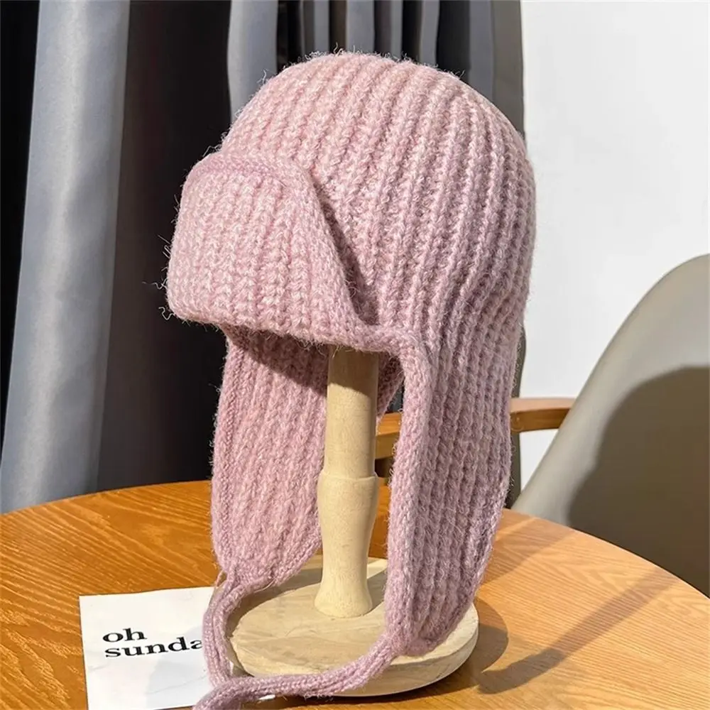 Casual Solid Color Knitted Hat Thickened Winter Warm Bonnet Caps Ear Protection for Women Girls