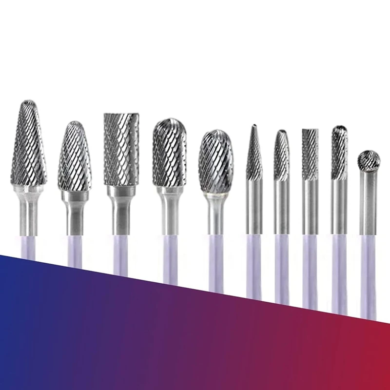 HLZS-Carbide Burr Set 10 Pieces Tungsten Double Cut Rotary Die Grinding H E Ad Cutting Burr For Aluminum Metal Wood Engraving