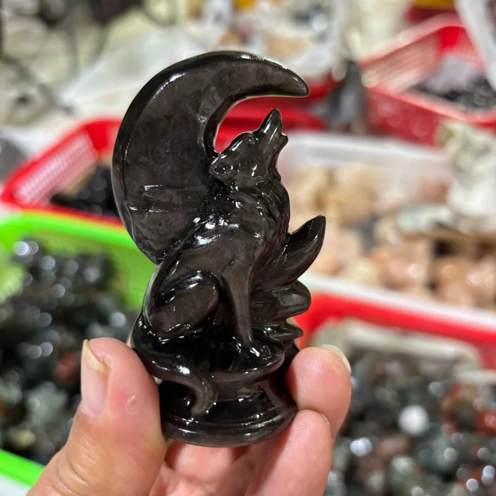 1PC Natural Silver Sheen Obsidian Wolf On Crescent Moon Figurine Hand Carved Statue Reiki Healing Gemstone Sculpture Home Deskto