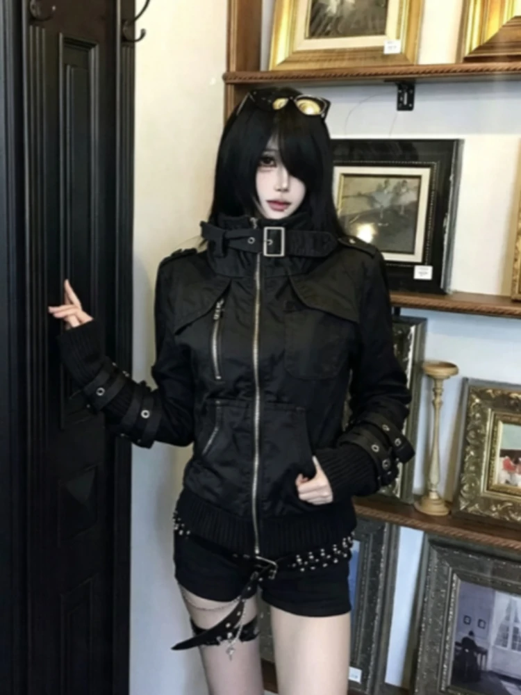 Veste ample vintage punk pour femme, col montant, fermeture éclair, à capuche, style Y2K, streetwear grunge, mode safari, décontractée