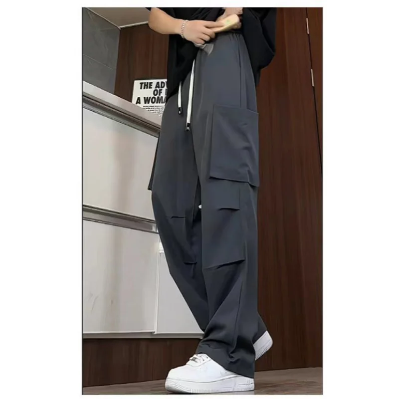 American Paratrooper Overalls Men's Summer Thin Quick-Drying Pleated Design Pants Drawstring Wide Leg Straight Casual Pants