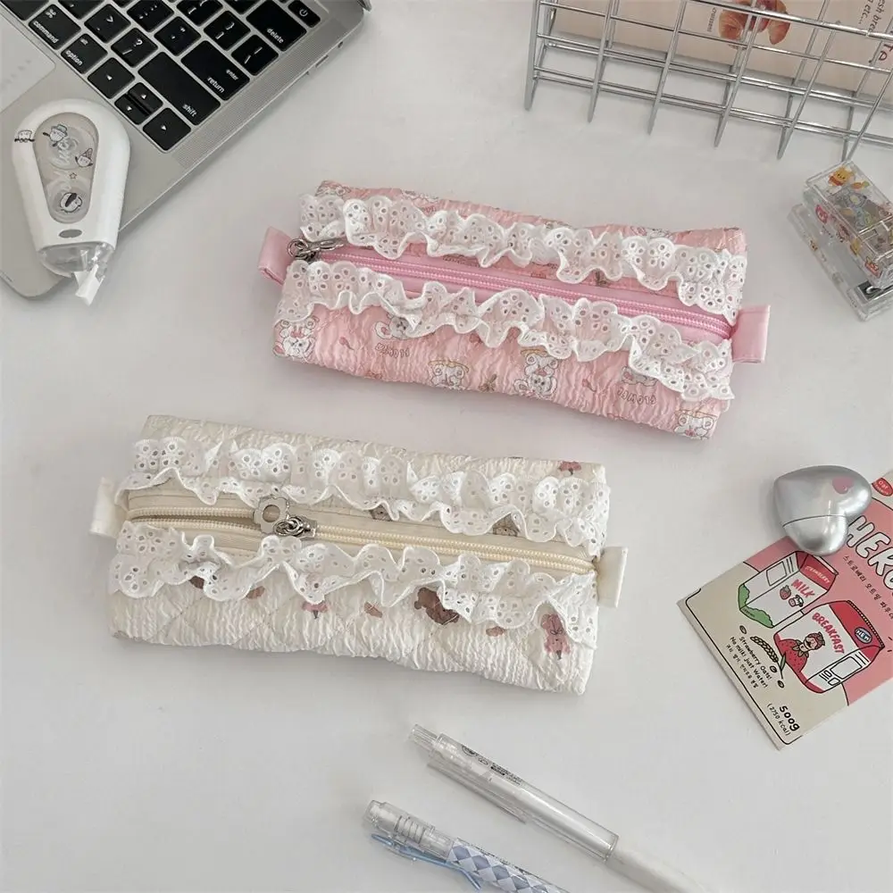Fresh Lace Pencil Pouch Cosmetic Bag Makeup Bag Flower Pattern Pen Case Large Capacity Cartoon Stationery Storage Bag