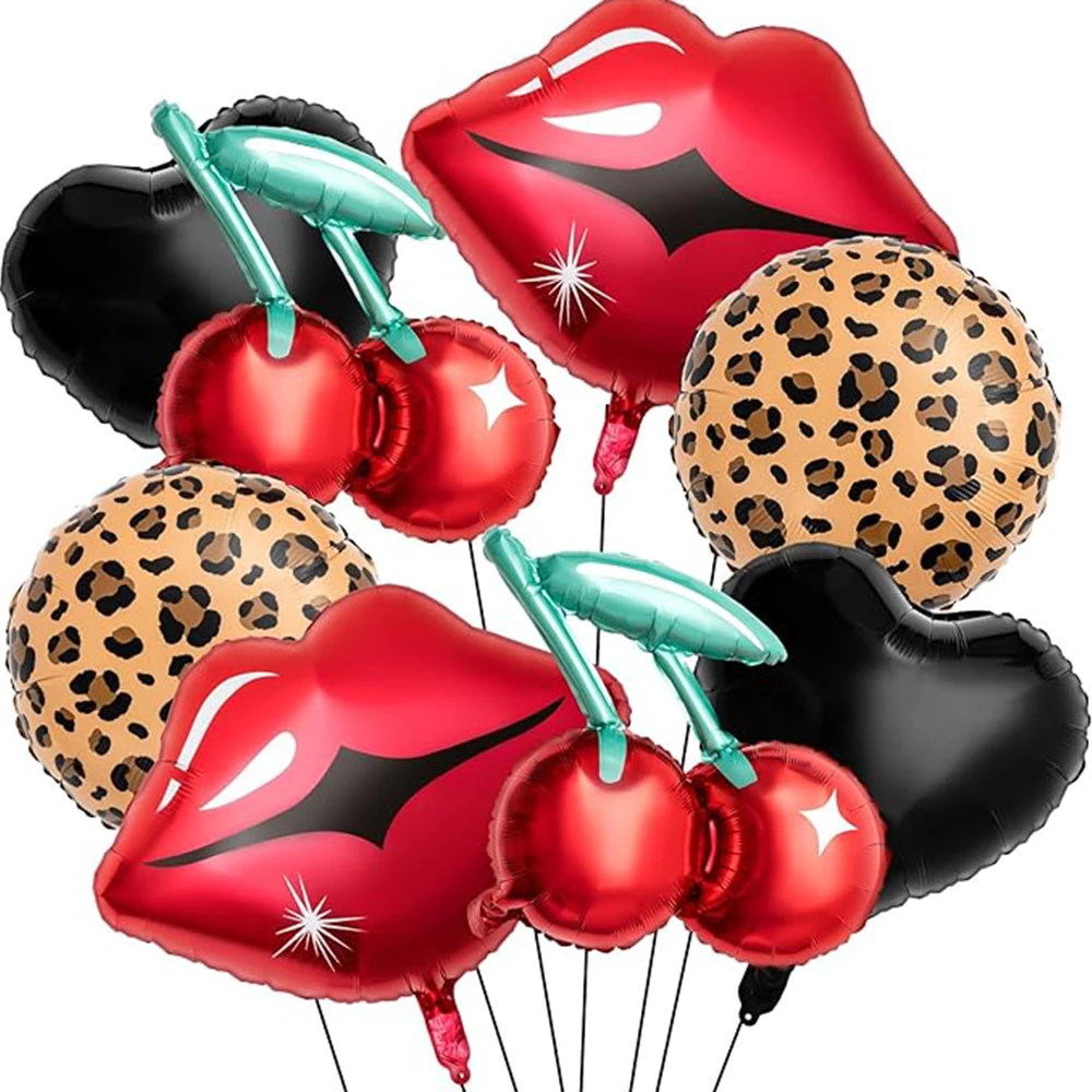 8 Pcs Black & Red Foil Balloons Kit - Cherry Print, Red Lips, Cheetah Pattern, Black Heart | Bachelorette Party Decor, Kiss The
