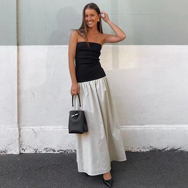 Primavera verão moda cor bloqueada vestido feminino novo sexy peito abraçando cintura emagrecimento vestido temperamento plissado a linha vestido