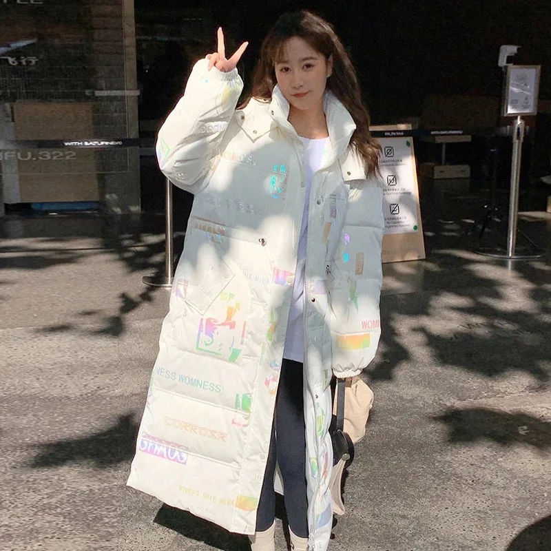 2025 New Winter Women's Down Jacket Bright Face Bright Color No-wash Hooded Over The Knee Long Plus Size Thick Padded Jacket