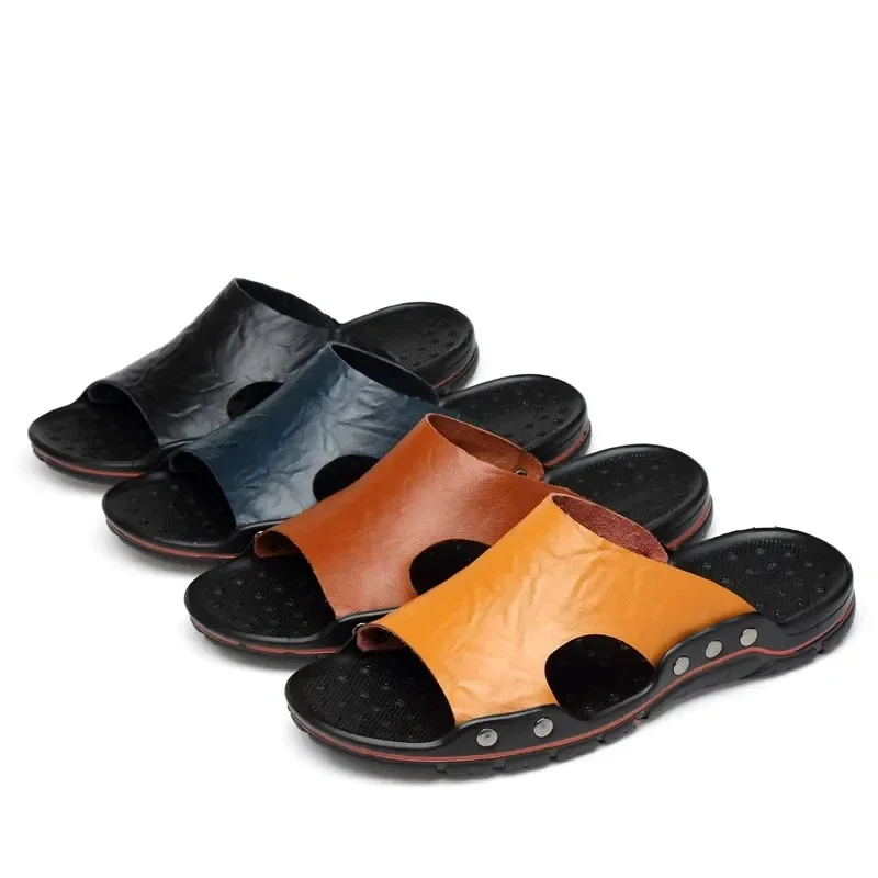 Zomer Slippers Nieuwe Mannen Sandalen Zachte Outdoor Glijbanen Hoge Kwaliteit Echt Lederen Comfortabele Strand Sandalen Outdoor Heren Schoenen